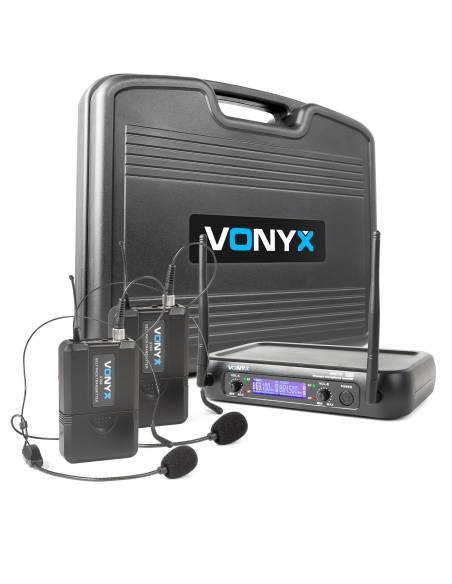 Vonyx WM73H Micrófono inalámbrico UHF  2- canales con 2 micros de cabeza y display