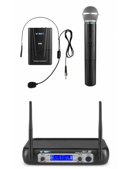 Vonyx WM512C Combi System Wireless VHF 2 canales con la computadora de mano, de Bodypack y Display