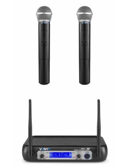 Vonyx WM512 Sistema inalámbrico VHF de 2 canales con micrófonos de mano y display