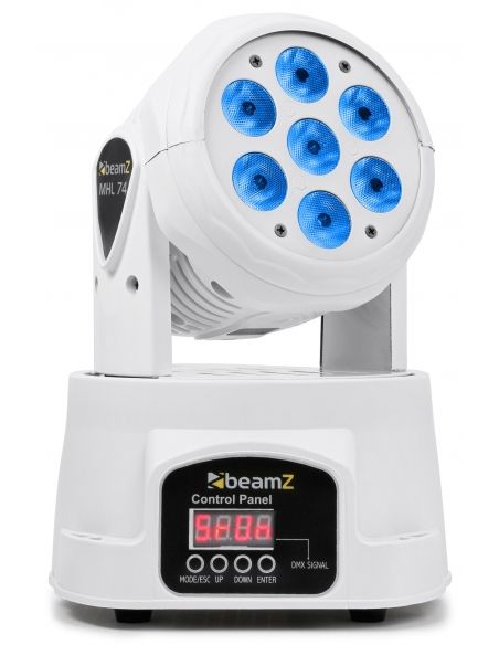Beamz MHL74 Mini Cabeza Movil Wash 7X 10W DMX 12 Canales Quad LED Blanco 