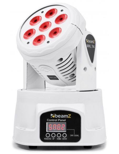 Beamz MHL74 Mini Cabeza Movil Wash 7X 10W DMX 12 Canales Quad LED Blanco 