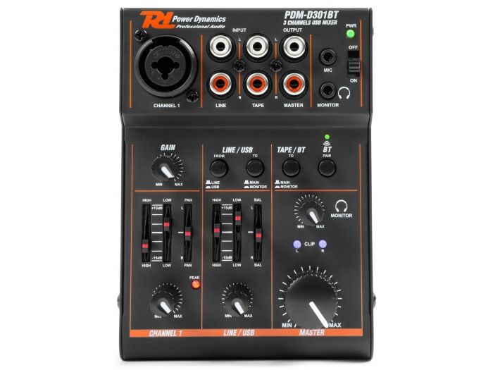 Power Dynamics PDM-D301BT mezclador de 3 canales USB con tarjeta de sonido | Mas Que Sonido