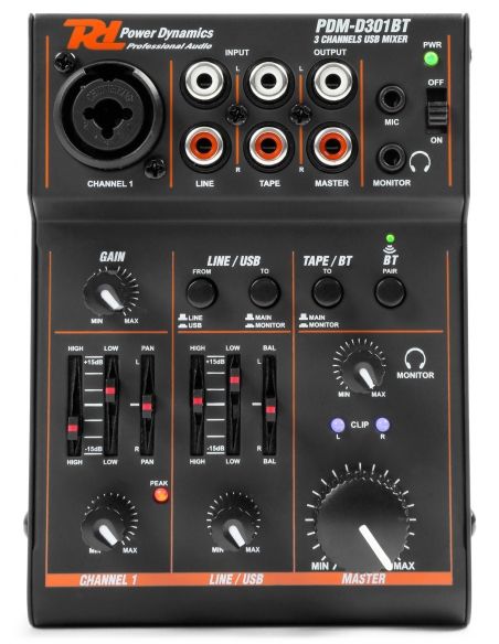 Power Dynamics PDM-D301BT mezclador de 3 canales USB con tarjeta de sonido | Mas Que Sonido