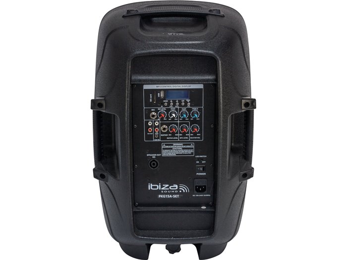 IBIS 15'' ACT+PASS SPK SET +2xSTANDS +1xW. MIC +1x5m J.6,35CABLE w/LED LIGHT, USB, BT, PKG15A-SET