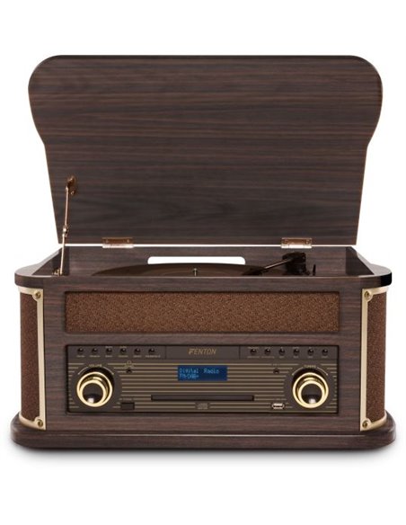 Fenton Memphis Tocadiscos retro con Bluetooth, radio DAB y FM, reproductor de CD, casete y mp3 - Madera oscura