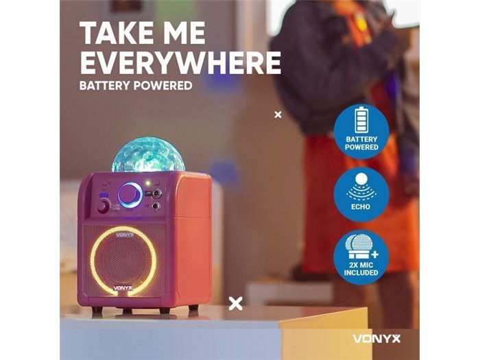 Vonyx SBS55P Conjunto Karaoke rosa con luces LED