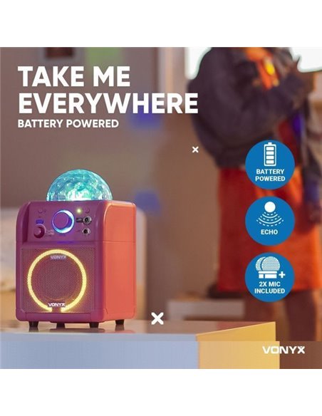 Vonyx SBS55P Conjunto Karaoke rosa con luces LED