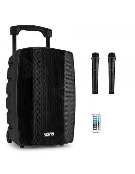 Vonyx VSP200 Altavoz portátil bluetooth de 10” 200W 2 micrófonos inalámbricos SD USB MP3