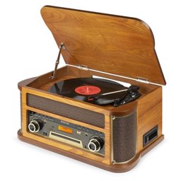 Fenton Memphis Tocadiscos retro con Bluetooth, radio DAB y FM, reproductor de CD, casete y mp3 - Madera clara