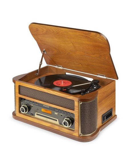 Fenton Memphis Tocadiscos retro con Bluetooth, radio DAB y FM, reproductor de CD, casete y mp3 - Madera clara