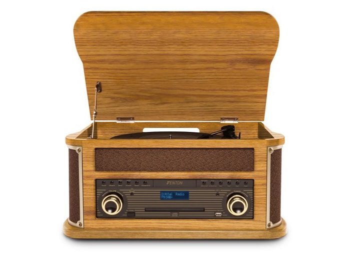 Fenton Memphis Tocadiscos retro con Bluetooth, radio DAB y FM, reproductor de CD, casete y mp3 - Madera clara