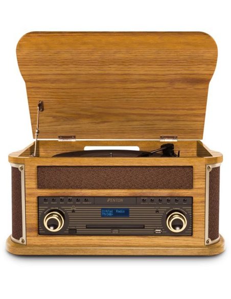 Fenton Memphis Tocadiscos retro con Bluetooth, radio DAB y FM, reproductor de CD, casete y mp3 - Madera clara