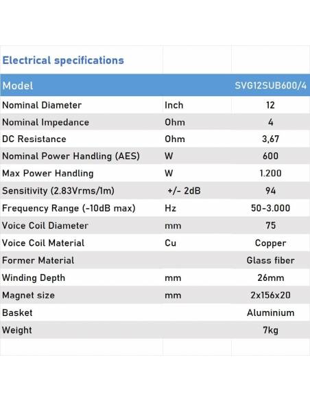 Seven Soundvector SVG12SUB600/4 Subwoofer 12 Pulgadas Altavoz Profesional de Grave Sub-Grave 4 Ohm 600W AES 1200W Peak - 7