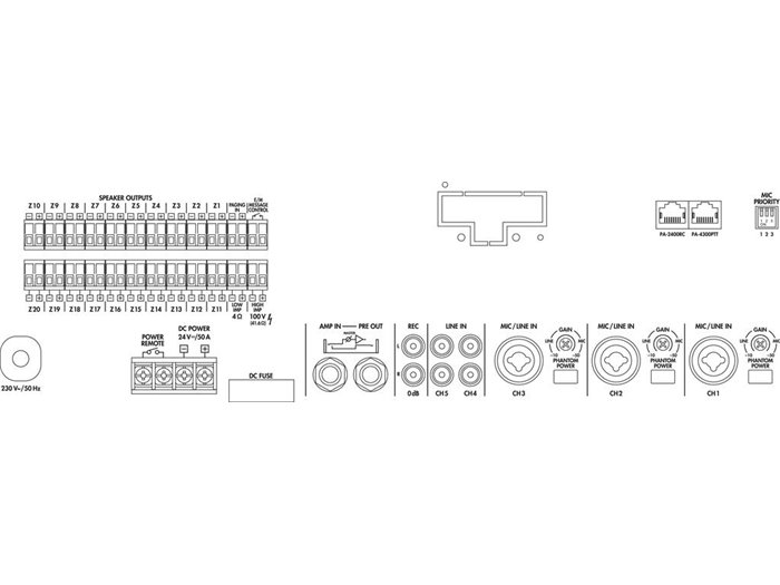 Monacor PA-6020Z Amplificador mezclador para megafonía mono de 20 zonas