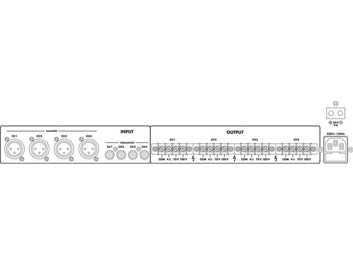 Monacor PA-1450D Amplificador para megafonía de clase D, 4 canales