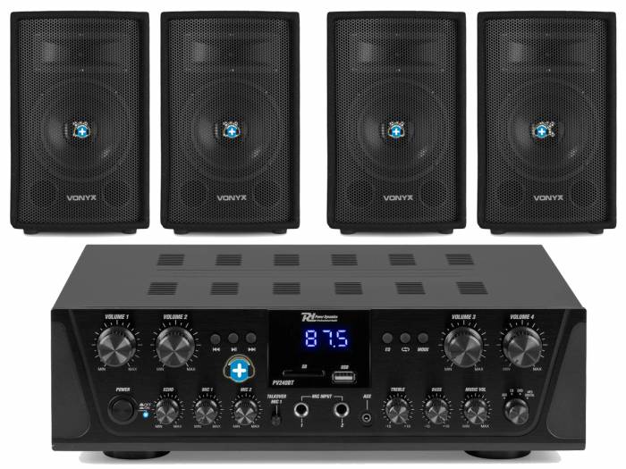 Pack Caffe Sound 4 Zonas con amplificador Power Dynamics PV240BT y cuatro altavoces Vonyx SL6