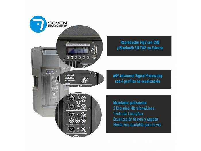 SEVEN SV15APRO-TWS/NG ALTAVOZ ACTIVO 15” BI- AMPLIFICADO CON ASP REPRODUCTOR MP3 y BT-TWS