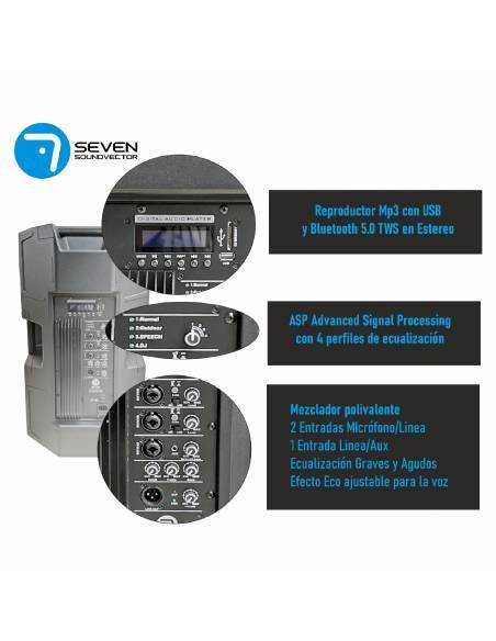 SEVEN SV15APRO-TWS/NG ALTAVOZ ACTIVO 15” BI- AMPLIFICADO CON ASP REPRODUCTOR MP3 y BT-TWS