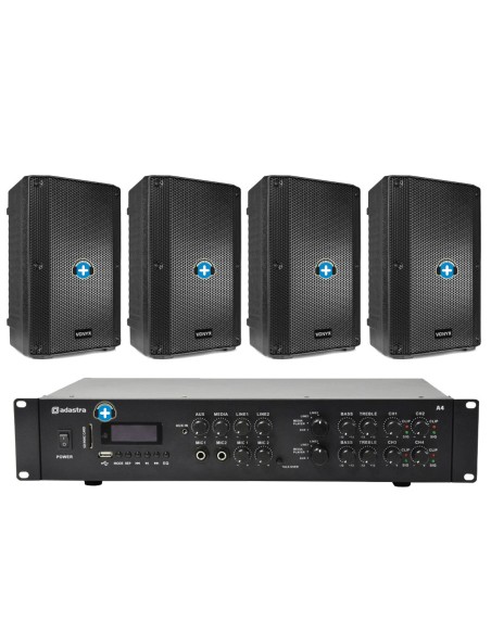 Componentes incluidos en Pack de Sonido 305 con amplificador de 4 canales y altavoces pasivos de 10 pulgadas