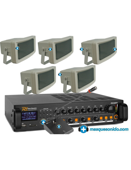 Pack de megafonía 100V PRO 240W exterior IP56 con proyectores WORK Pro y amplificador Power Dynamics