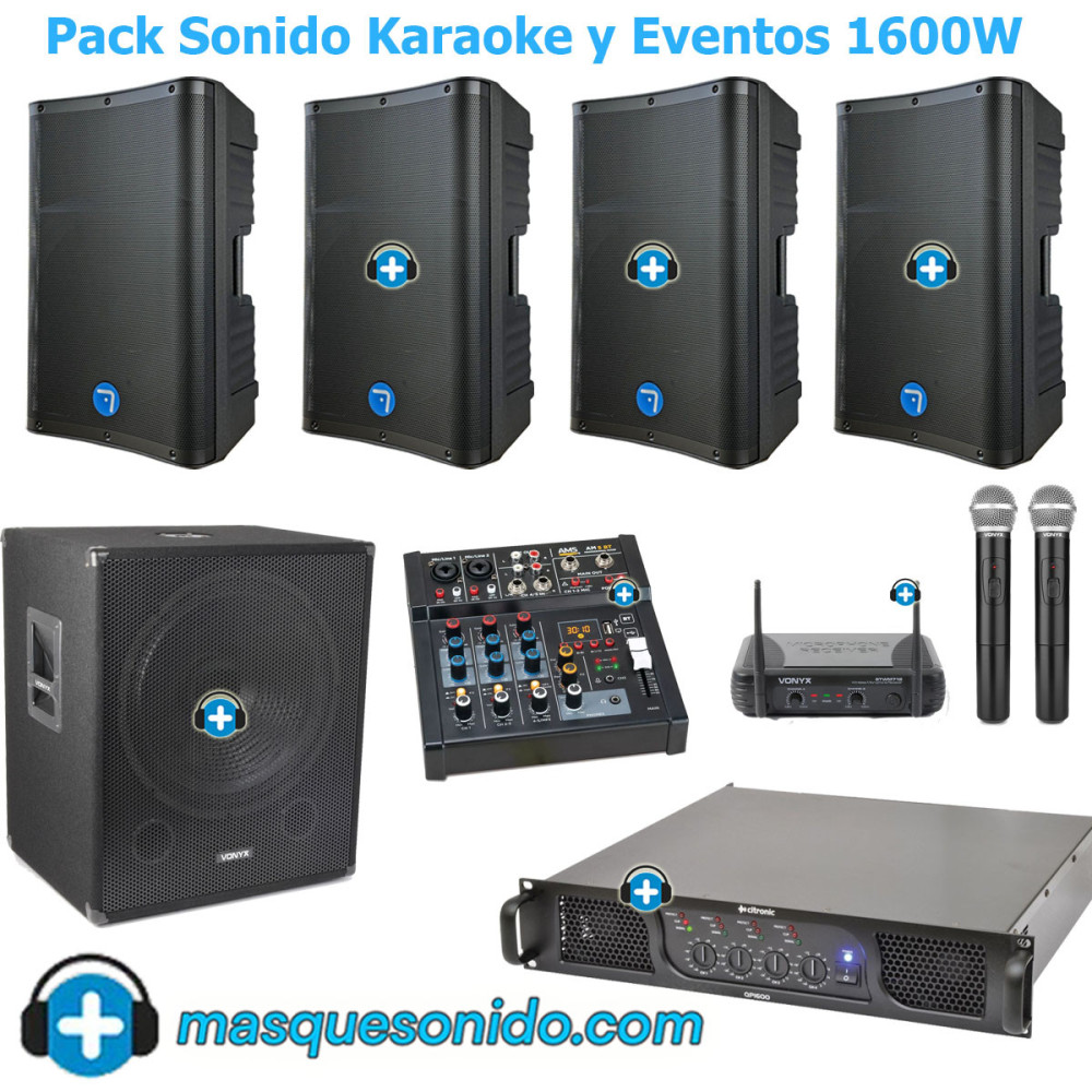 Pack Sonido Karaoke 1600W: 4 Altavoces + Mesa BT y Micros