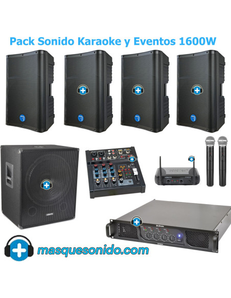 Pack Sonido Karaoke 1600W: 4 Altavoces + Mesa BT y Micros
