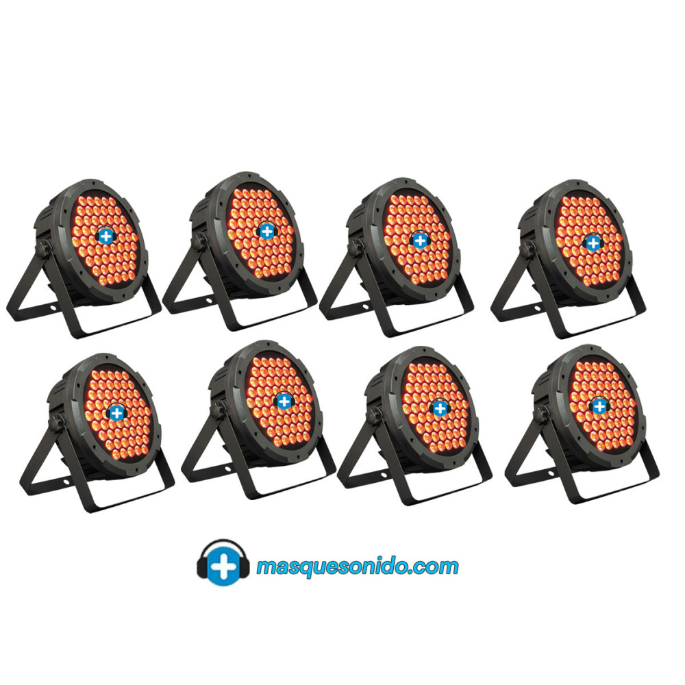 Vista frontal Pack 8 Focos LED RGB Mark SuperParLED Eco 85 encendidos