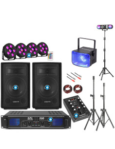 Pack Fiesta DJ Starter Kit PRO -  Equipo Modular 800W Max + Mesa Mezclas Bluetooth + Set Iluminación Full-Party