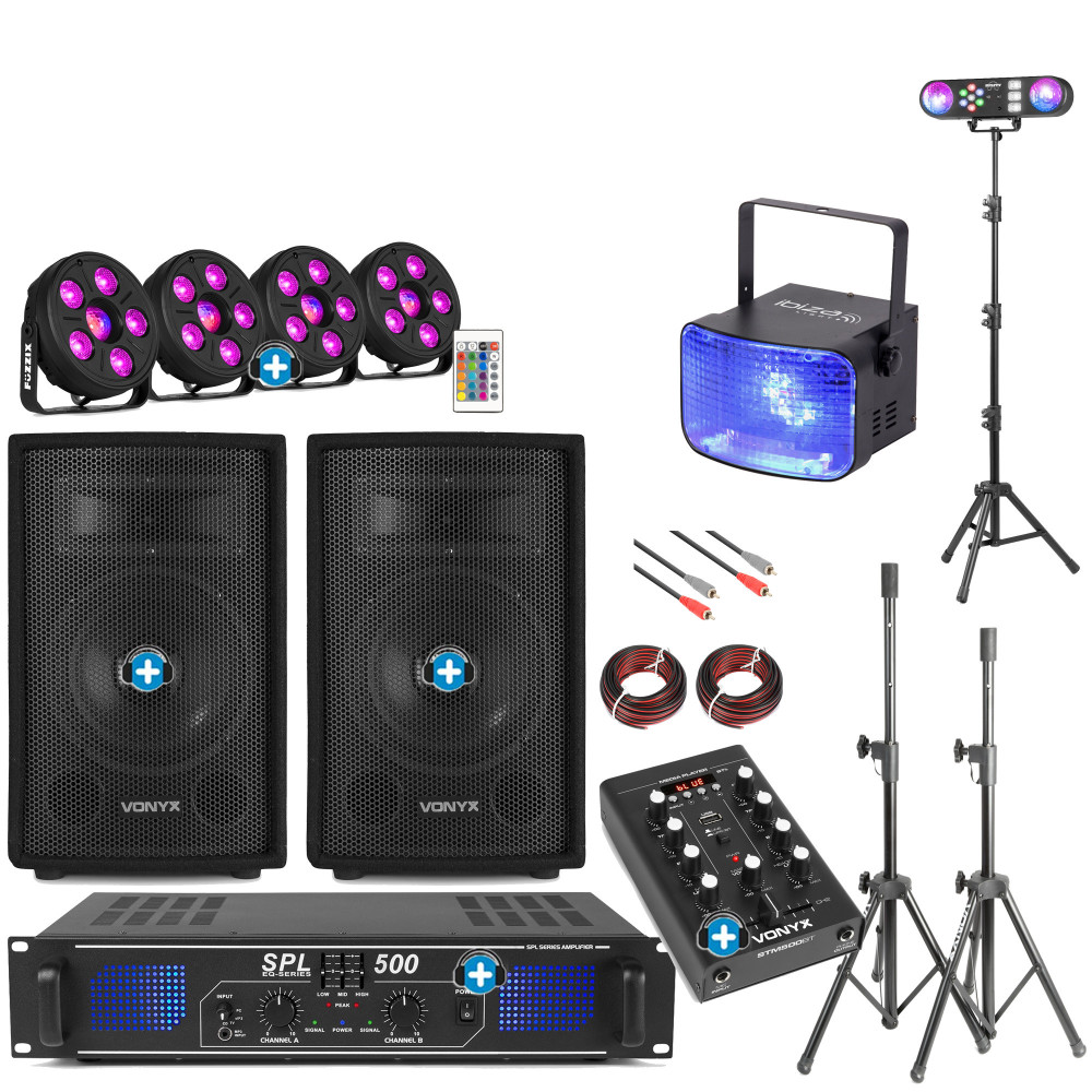 Pack Fiesta DJ Starter Kit PRO -  Equipo Modular 800W Max + Mesa Mezclas Bluetooth + Set Iluminación Full-Party