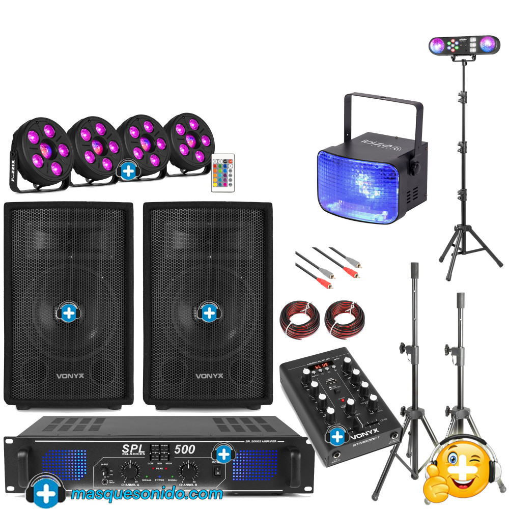 Pack Fiesta DJ Starter Kit PRO -  Equipo Modular 800W Max + Mesa Mezclas Bluetooth + Set Iluminación Full-Party