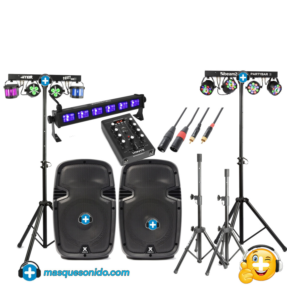 Pack Fiesta Escenario Pro: Altavoces Activos + 2 PartyBars y UV