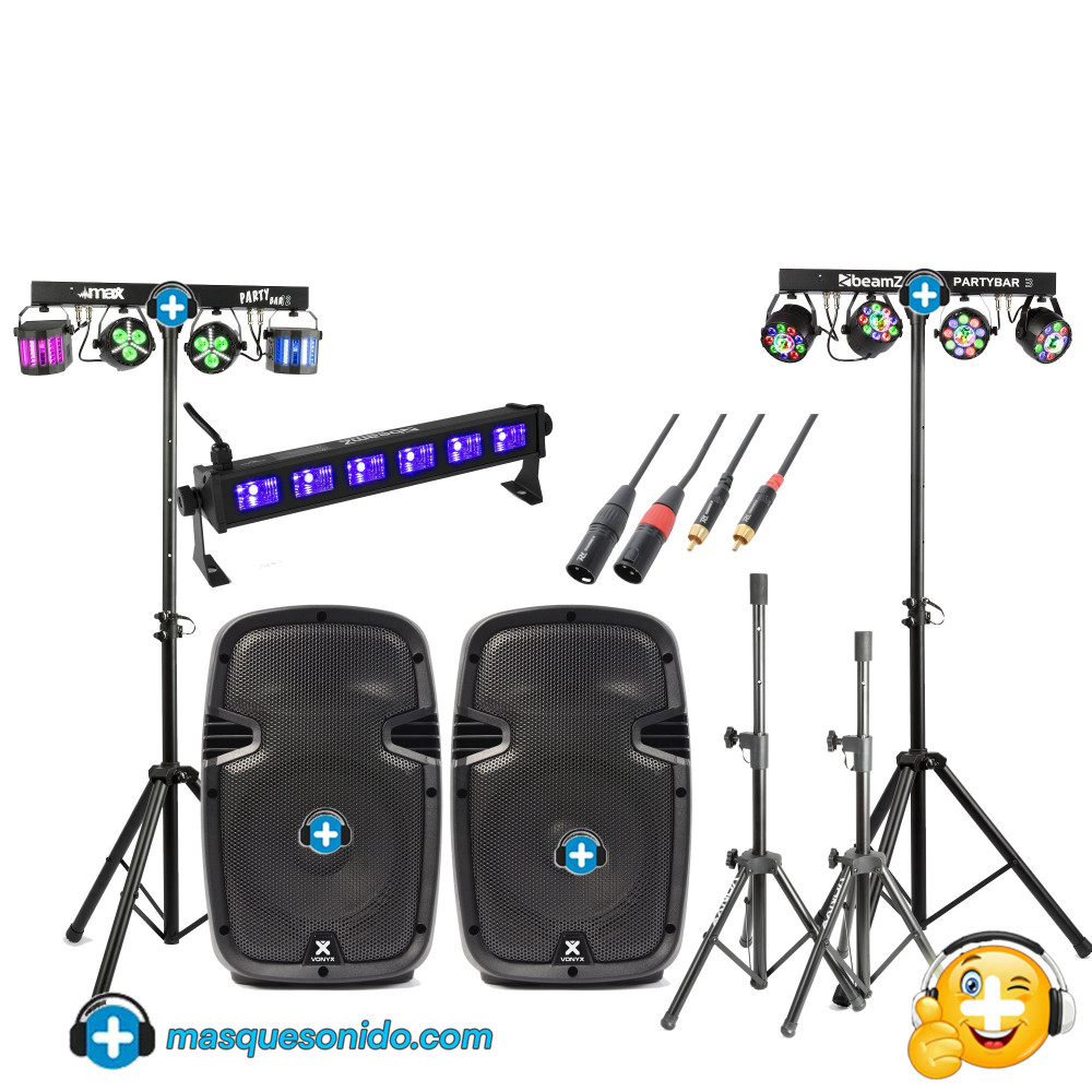 Pack Fiesta Escenario Pro: Altavoces Activos + 2 PartyBars y UV
