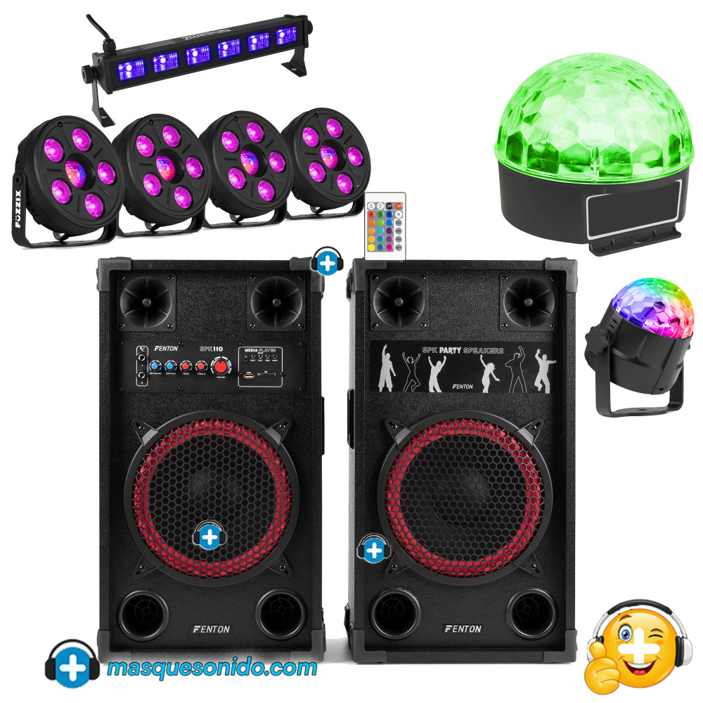 Pack Fiesta Light Storm - Altavoces 10" + 4 Efectos Luz y UV