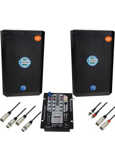 Pack equipo de sonido DJ completo Seven PASV-12APRO con dos altavoces activos de 12 pulgadas y mesa de mezclas.