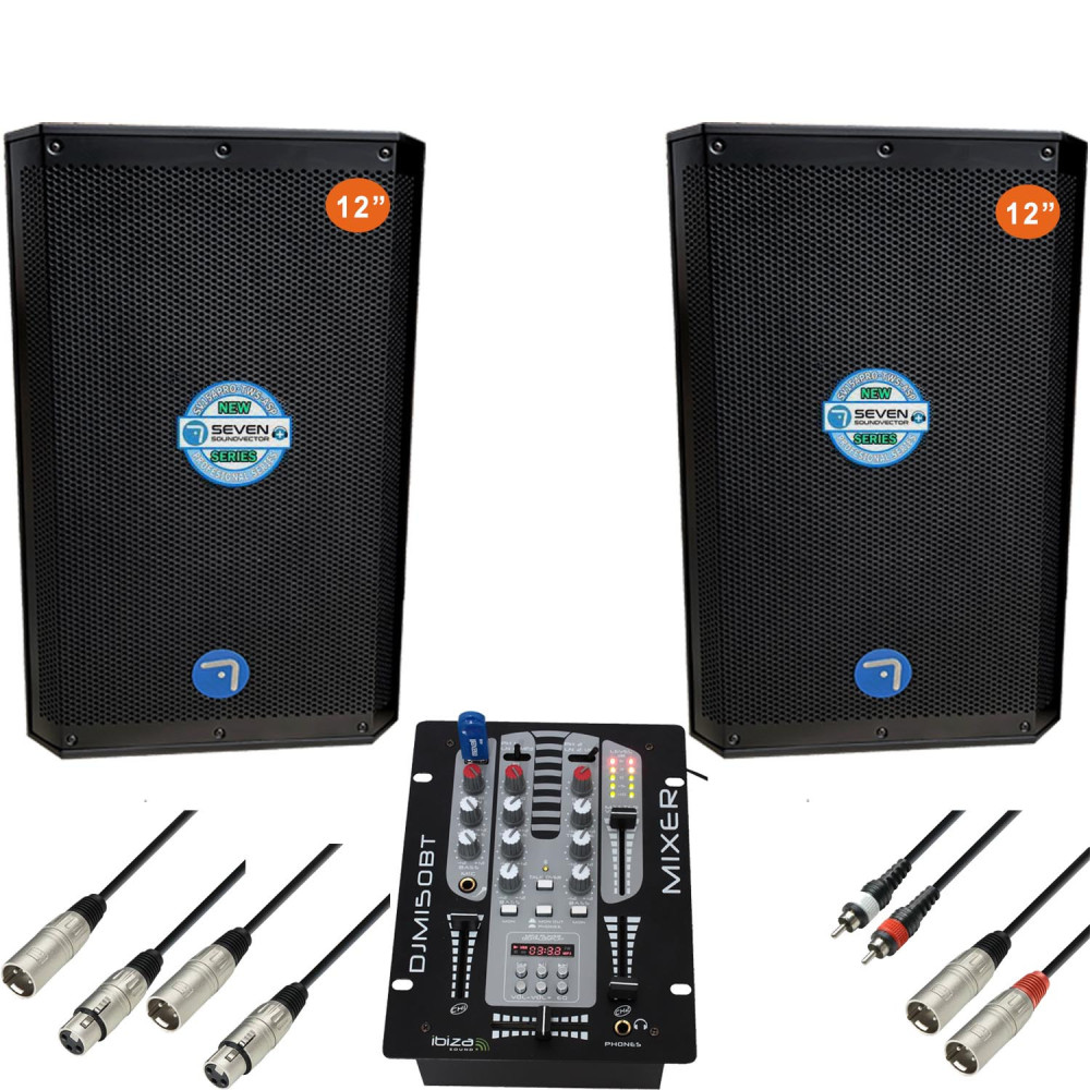 Pack equipo de sonido DJ completo Seven PASV-12APRO con dos altavoces activos de 12 pulgadas y mesa de mezclas.