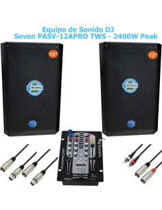 Pack equipo de sonido DJ completo Seven PASV-12APRO con dos altavoces activos de 12 pulgadas y mesa de mezclas. 2