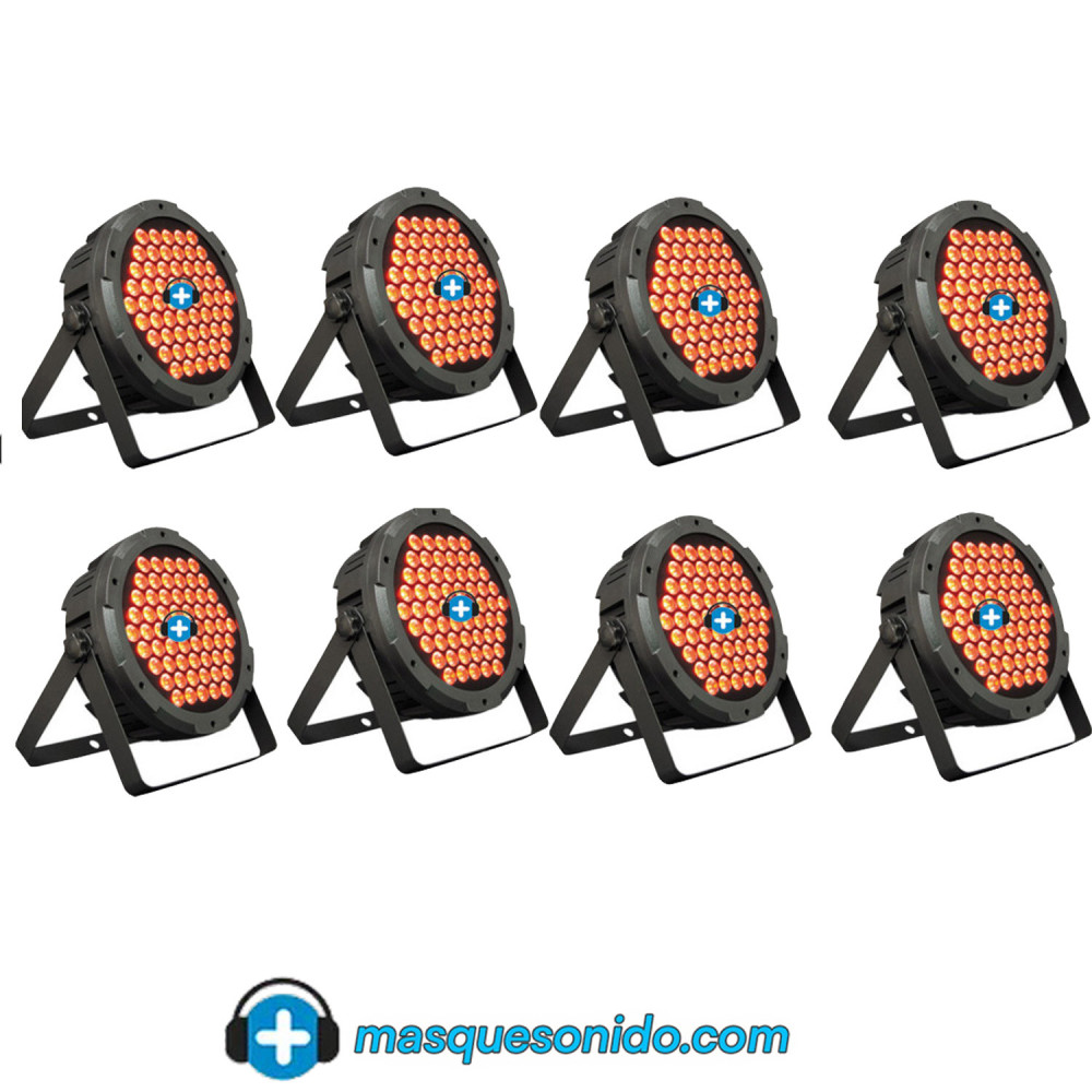 Vista frontal Pack 8 Focos LED RGB Mark SuperParLED Eco 85 encendidos
