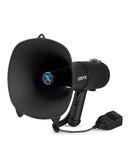 Megáfono potente 90W con correa de hombro para uso en manifestaciones y eventos.