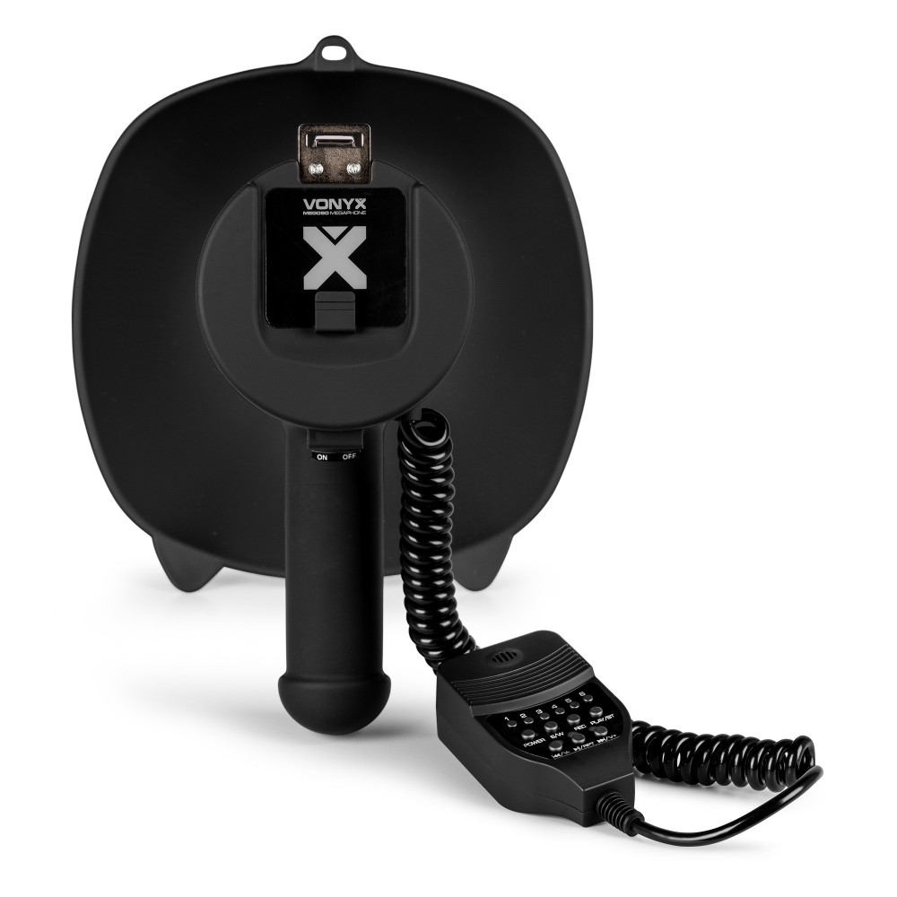 Panel de control megáfono MEG090 con puertos USB SD Bluetooth y controles de volumen.