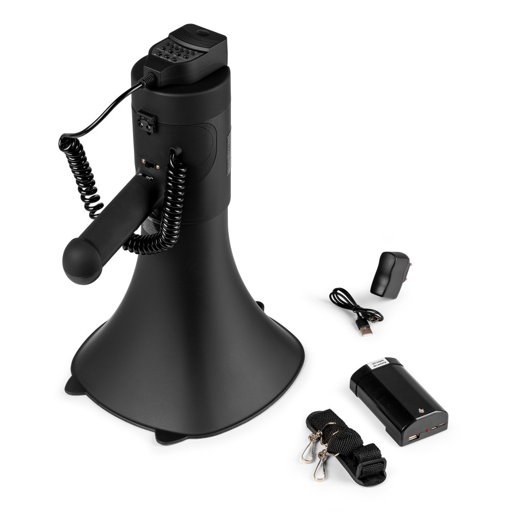 Contenido de la caja Vonyx MEG090 con megáfono, batería y cable de carga.