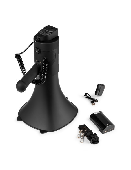 Contenido de la caja Vonyx MEG090 con megáfono, batería y cable de carga.