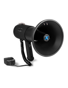 Megáfono Vonyx MEG075 negro mate 75W vista lateral con micrófono de mano colgando.