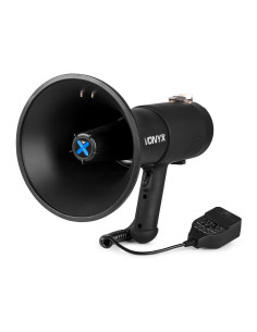 Megáfono Vonyx MEG075 negro mate 75W vista lateral con micrófono de mano colgando. 2