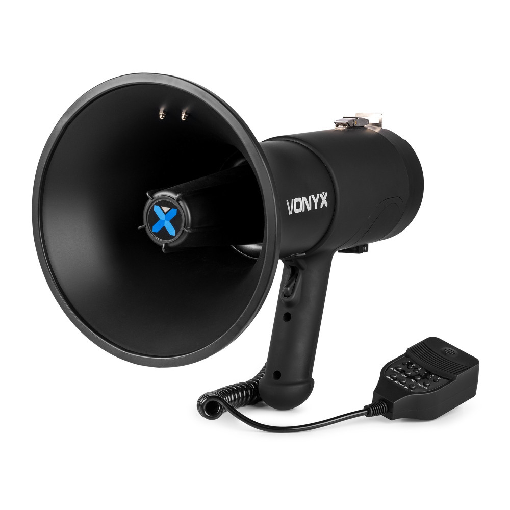 Panel trasero del megáfono MEG075 con botones de control USB Bluetooth y ranura batería.