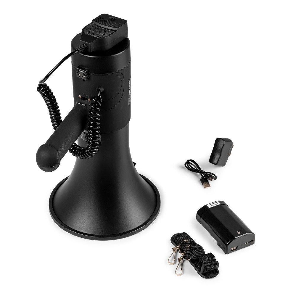 Kit completo Vonyx MEG075 con batería de litio, cable de carga y correa de transporte.