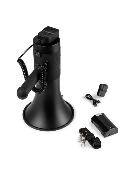 Kit completo Vonyx MEG075 con batería de litio, cable de carga y correa de transporte.