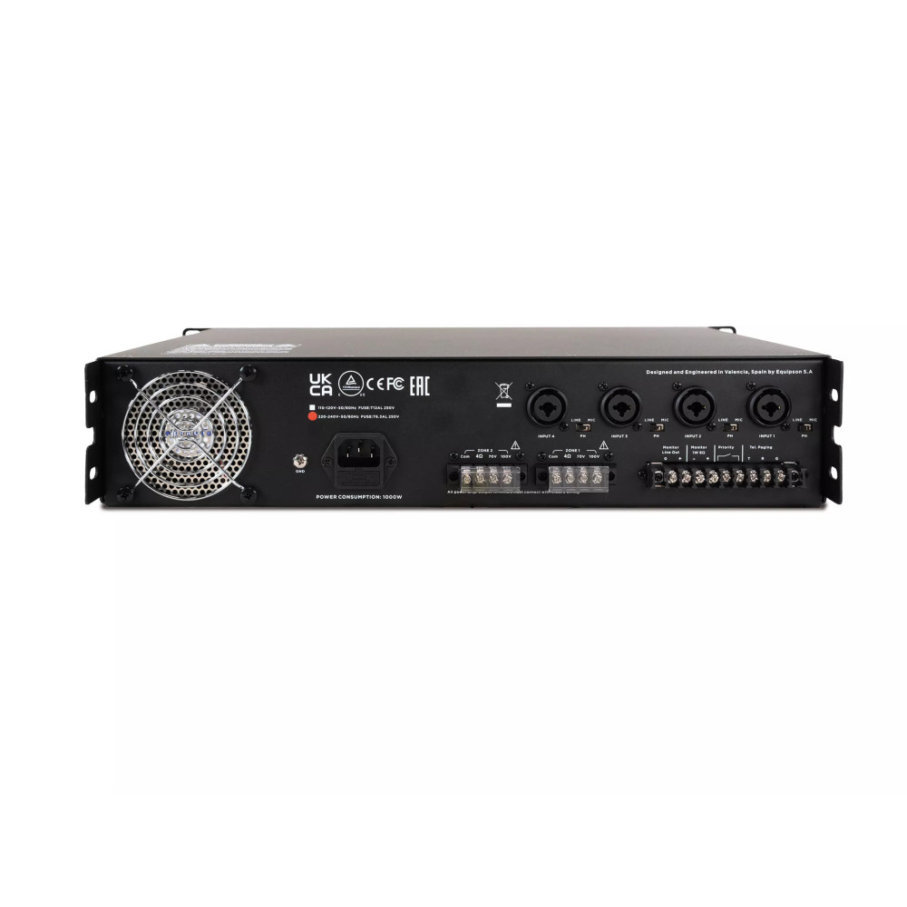 Work Pro PA 2502 BT Amplificador con mezclador/reproductor. 2 x 250 W @ 4 Ohm, L70/100V. 2 zonas. 4 MIC/LINE