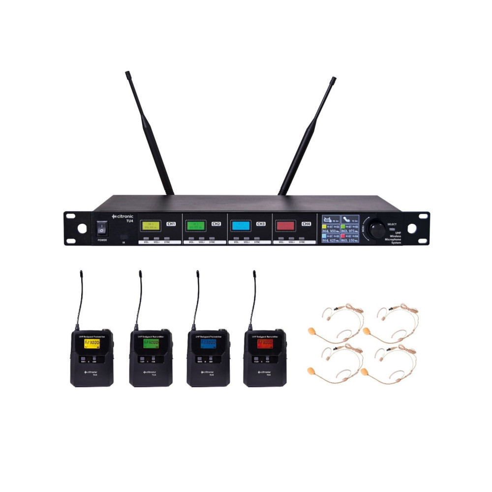 CITRONIC TU4-N Sistema Inalámbrico UHF Sintonizable PLL de 4 Canales con Transmisores de Petaca y Micrófonos de Diadema y Solapa