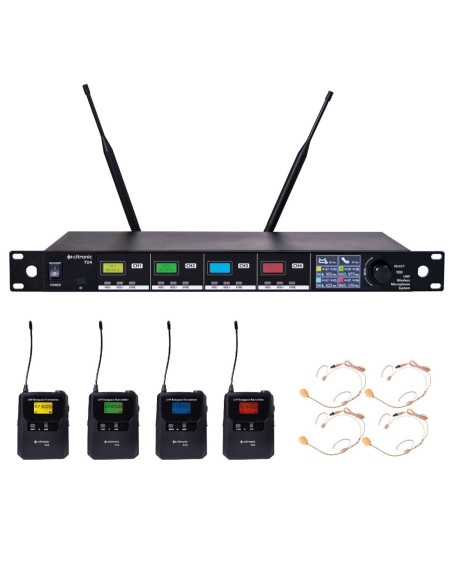 CITRONIC TU4-N Sistema Inalámbrico UHF Sintonizable PLL de 4 Canales con Transmisores de Petaca y Micrófonos de Diadema y Solapa