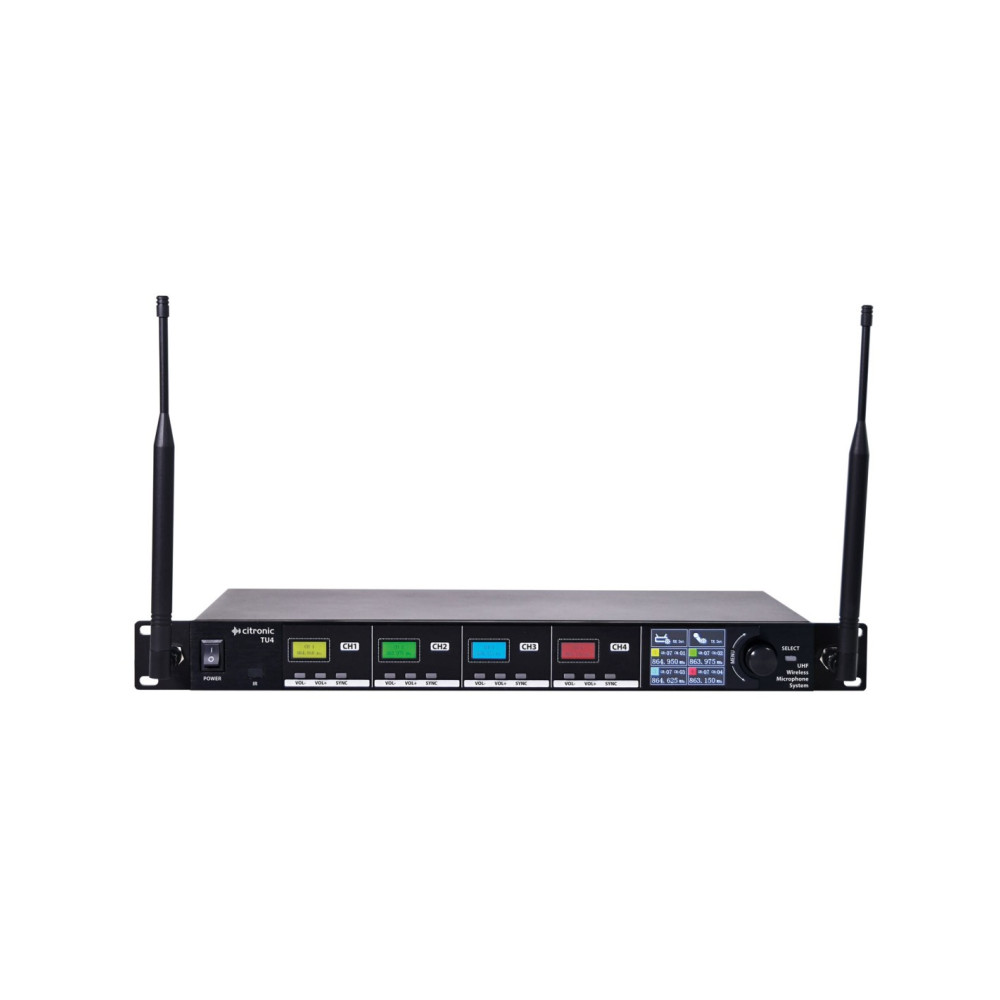 CITRONIC TU4-N Sistema Inalámbrico UHF Sintonizable PLL de 4 Canales con Transmisores de Petaca y Micrófonos de Diadema y Solapa
